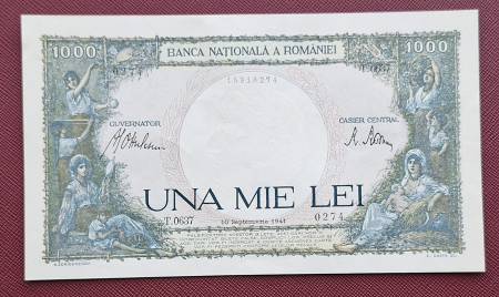 Bancnote Romania - Romania, 1000 lei 1941, seria T.0637/0274/15918274, aproape necirculata