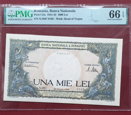 Gradate PMG - Romania, 1000 Lei 1945, PMG 66 EPQ