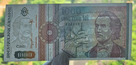 Romania 1000 lei 1991, seria C.0020/334488, varianta cu punct, rara, UNC- [2]