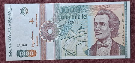 Bancnote - Romania 1000 lei 1991, seria D.0020/330993, varianta cu punct, rara, UNC