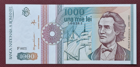 Bancnote - Romania 1000 lei 1991, seria F.0021/500363, varianta cu punct, rara, UNC