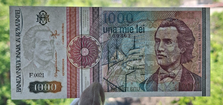 Romania 1000 lei 1991, seria F.0021/500363, varianta cu punct, rara, UNC [2]