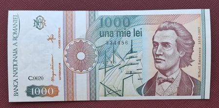 Bancnote Romania - Romania, 1000 lei 1991, Mihai Eminescu, serie cu punct, rara, necirculata