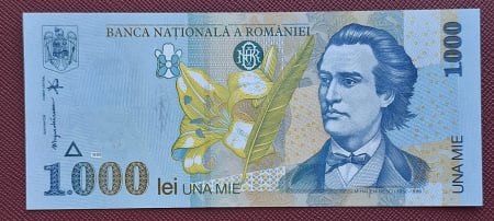 Bancnote Romania - Romania, 1000 lei 1998, Mihai Eminescu, UNC, filigran BNR mic, rara