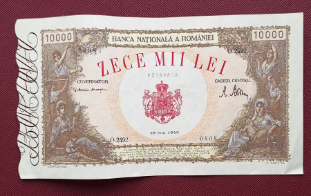 Bancnote Romania - Romania, 10000 lei Mai 1946, seria 0808/O.2492/62289808, stare buna