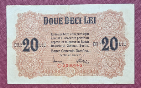 Bancnote Romania - Romania 20 Lei 1917 B.G.R, Ocupatia Germana, circulata, stare buna
