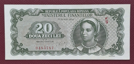 Bancnote Romania - Romania 20 lei 1950, seria F/3 0483787, UNC-