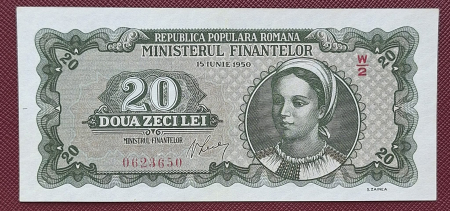 Bancnote Romania - Romania 20 lei 1950, seria W/2 0623650, UNC-