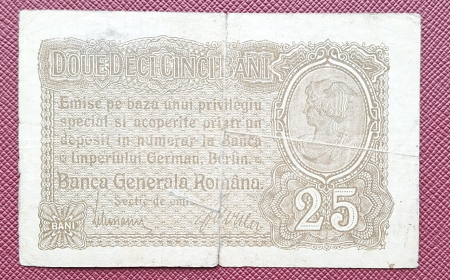 Bancnote Romania - Romania 25 Bani 1917 B.G.R, Ocupatia Germana, seria F.18589290, circulata