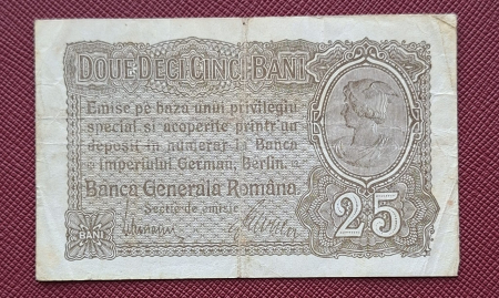 Bancnote - Romania 25 Bani 1917 B.G.R, Ocupatia Germana, seria F.4305286, circulata