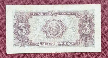 Romania, 3 lei 1952, seria a 15 / 600710, circulata [1]