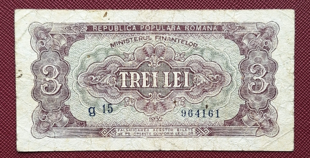 Bancnote Romania - Romania, 3 lei 1952, seria g 15 / 964161, circulata