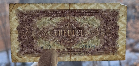 Romania, 3 lei 1952, seria a 19 / 920884, circulata [2]