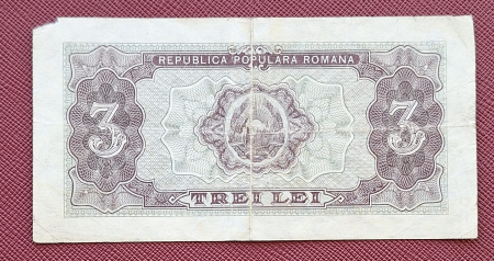 Romania, 3 lei 1952, seria a 19 / 920884, circulata [1]