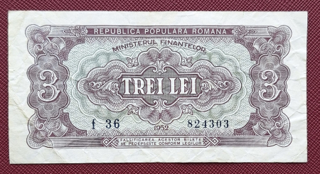 Bancnote Romania - Romania, 3 lei 1952, seria f 36 / 824303, circulata, stare buna
