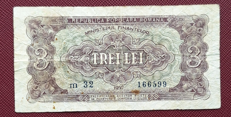 Bancnote Romania - Romania, 3 lei 1952, seria m 32 / 166599, circulata