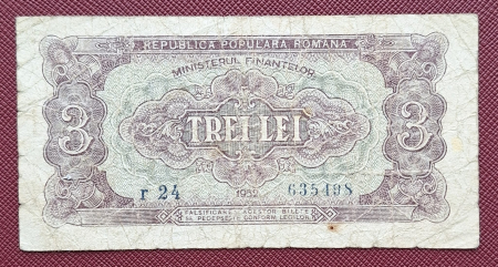 Bancnote Romania - Romania, 3 lei 1952, seria r 24 / 635498, circulata