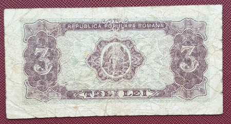Romania, 3 lei 1952, seria r 24 / 635498, circulata [1]