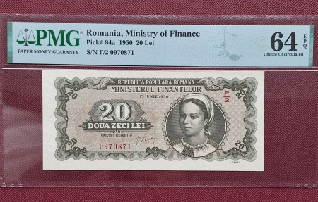Gradate PMG - Romania, 20 Lei 1950, PMG 64 EPQ