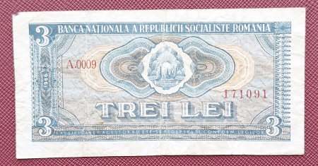 Bancnote Romania - Romania 3 lei 1966, seria A.0009/171091, circulata