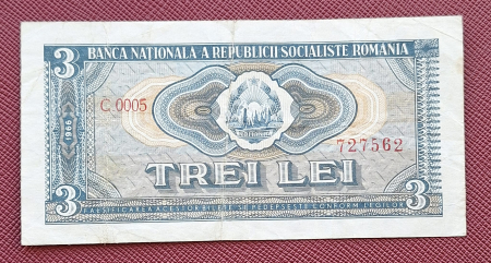 Bancnote - Romania 3 lei 1966, seria C.0005/727562, circulata