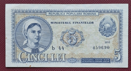 Bancnote Romania - Romania, 5 lei 1952, seria b 44 / 459690, circulata, stare buna