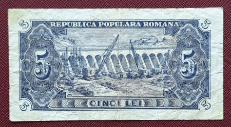 Romania, 5 lei 1952, seria e 46 / 534851, circulata [1]