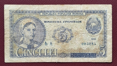 Bancnote Romania - Romania, 5 lei 1952, seria h 8 / 003085, circulata