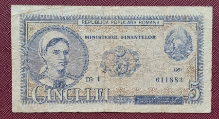 Bancnote Romania - Romania, 5 lei 1952, seria m 1 / 611883, circulata