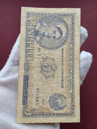 Romania, 5 lei 1952, seria m 1 / 611883, circulata [2]