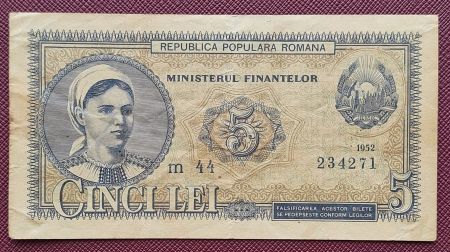 Bancnote Romania - Romania, 5 lei 1952, seria m 44 / 234271, circulata, stare buna