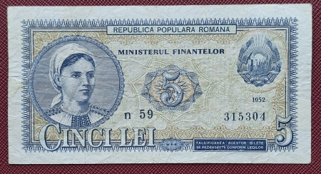Bancnote Romania - Romania, 5 lei 1952, seria n 59 / 315304, circulata, stare buna