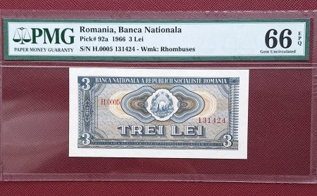 Gradate PMG - Romania, 3 Lei 1966, PMG 66 EPQ