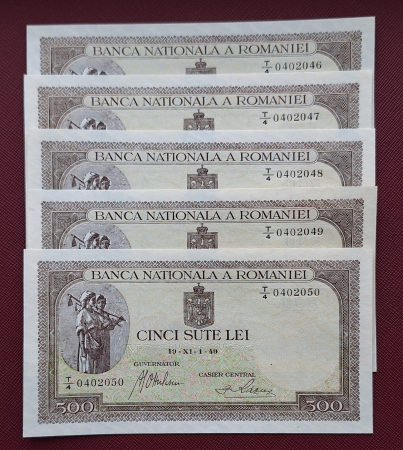 Bancnote Romania - Romania 500 lei 1940, lot 5 bancnote serie consecutiva, UNC