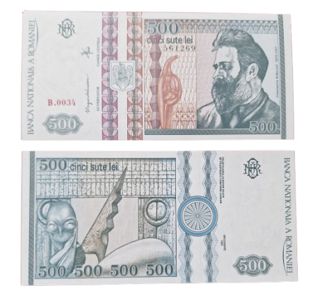 Idei cadouri - Romania,  500 lei 1992, Constantin Brancusi, necirculata, filigran lateral (profil)