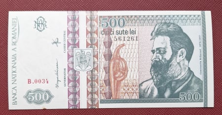 Bancnote Romania - Romania, 500 lei 1992, cu mica pata, UNC, filigran lateral (profil), seria B.0034/561261