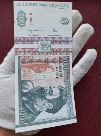 Romania, 500 lei 1992, cu mica pata, UNC, filigran lateral (profil), seria B.0034/561261 [5]