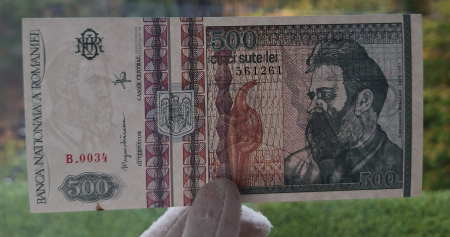 Romania, 500 lei 1992, cu mica pata, UNC, filigran lateral (profil), seria B.0034/561261 [2]