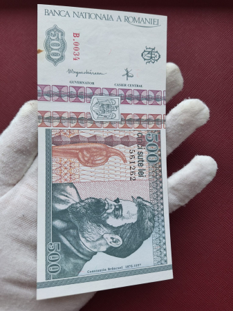 Romania, 500 lei 1992, cu mica pata, UNC, filigran lateral (profil), seria B.0034/561262 [5]