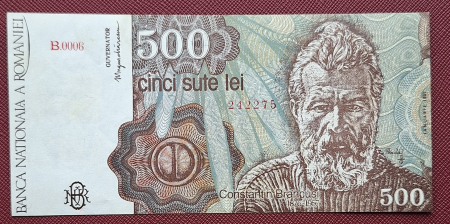 Bancnote - Romania, 500 Lei Ianuarie 1991, seria B.0006/242275, Aunc