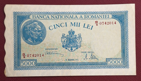 Bancnote Romania - Romania, 5000 lei 20 Decembrie 1945, seria G/9 0742014, stare buna