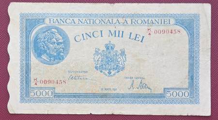 Bancnote Romania - Romania, 5000 lei 20 Martie 1945, seria K/4 0090458, circulata