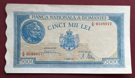 Bancnote Romania - Romania, 5000 lei 21 August 1945, seria I/6 0388917, stare buna