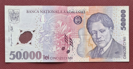 Bancnote - Romania, 50000 lei 2001 George Enescu, seria 022B3296867, circulata
