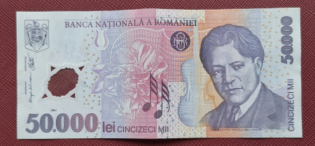Bancnote Romania - Romania, 50000 lei 2001 George Enescu, seria 023C2574311, stare buna