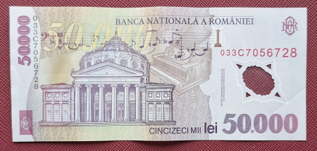 Romania, 50000 lei 2001 George Enescu, seria 033C7056728, stare buna [1]