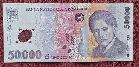 Bancnote Romania - Romania, 50000 lei 2001 George Enescu, seria 033C7056728, stare buna
