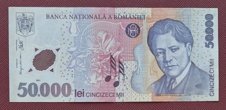 Bancnote Romania - Romania, 50000 lei 2001 George Enescu, seria 023D4611393, circulata