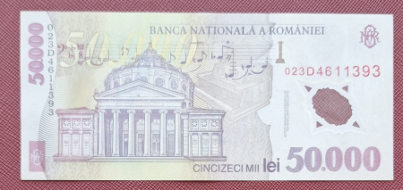 Romania, 50000 lei 2001 George Enescu, seria 023D4611393, circulata [1]