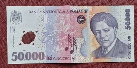 Bancnote Romania - Romania, 50000 lei 2001 George Enescu, seria 027B1885312, stare buna